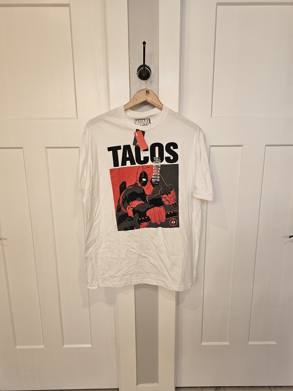 Marvel Deadpool TACOS Graphic Tee in White with Red and Black Art